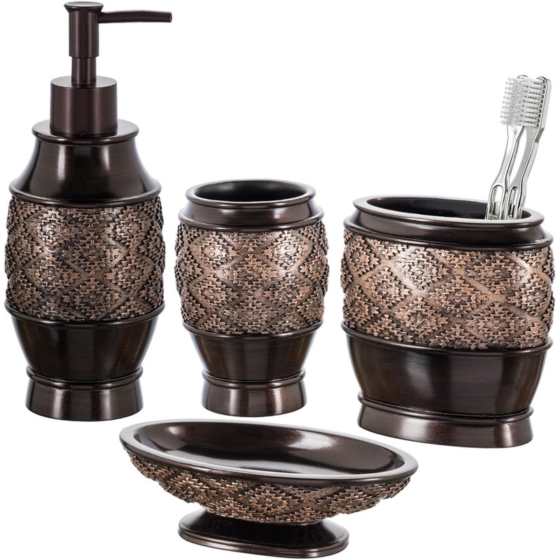 Creative Scents Brown Bathroom Accessories Set, 4 Pc Bathroom Decor Sets Accessories, Decorative Bathroom Set has Soap Dispenser, Soap Dish, Tumbler & Toothbrush Holder for Vanity Countertop (Dublin) | Bigbigmart.com