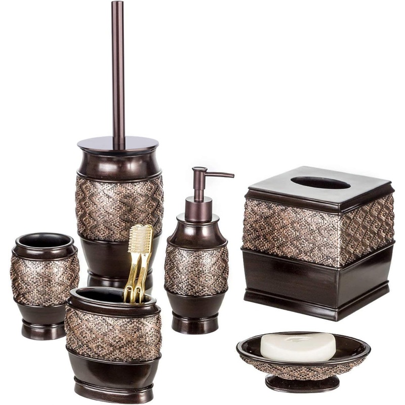 Creative Scents Brown Bathroom Accessories Set – 6-Piece Bathroom Set includes: Decorative Soap Dispenser, Soap Dish, Tumbler, Toothbrush Holder, Tissue Box Cover and Toilet Bowl Brush (Dublin) | Bigbigmart.com