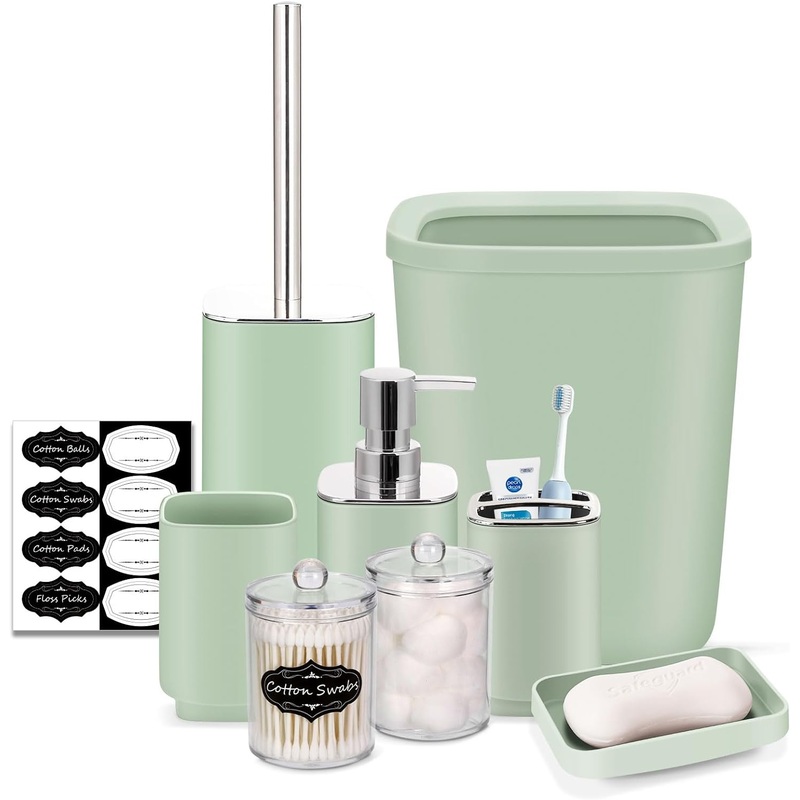IMAVO Bathroom Accessory Set – 8 Pcs Green-B Bathroom Accessories Set with Trash Can, Soap Dispenser, Soap Dish, Toothbrush Holder, Toothbrush Cup, Toilet Brush Holder, Qtip Holder Dispenser with Labels | Bigbigmart.com