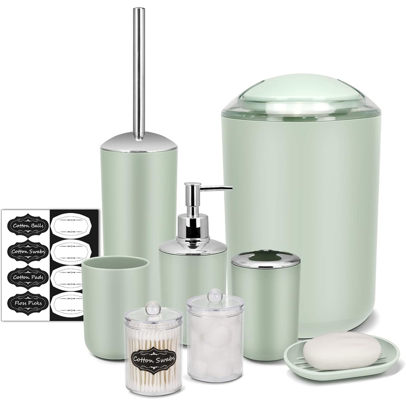 IMAVO Bathroom Accessory Set – 8 Pcs Green Bathroom Accessories Set with Trash Can, Soap Dispenser, Soap Dish, Toothbrush Holder, Toothbrush Cup, Toilet Brush Holder, Qtip Holder Dispenser with Labels | Bigbigmart.com
