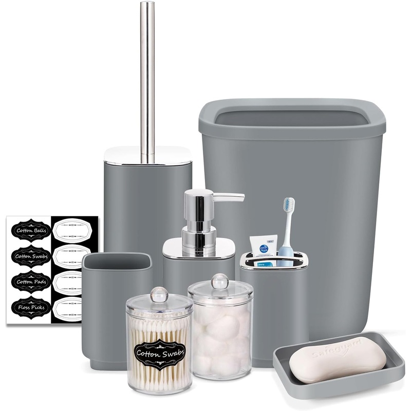 IMAVO Bathroom Accessory Set – 8 Pcs Grey-B Bathroom Accessories Set with Trash Can, Soap Dispenser, Soap Dish, Toothbrush Holder, Toothbrush Cup, Toilet Brush Holder, Qtip Holder Dispenser with Labels | Bigbigmart.com