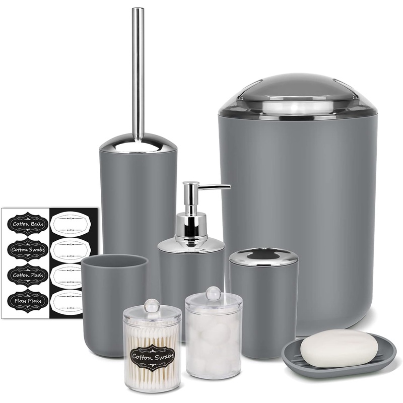 IMAVO Bathroom Accessory Set – 8 Pcs Grey Bathroom Accessories Set with Trash Can, Soap Dispenser, Soap Dish, Toothbrush Holder, Toothbrush Cup, Toilet Brush Holder, Qtip Holder Dispenser with Labels | Bigbigmart.com