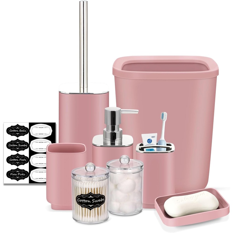 IMAVO Bathroom Accessory Set – 8 Pcs Pink-B Bathroom Accessories Set with Trash Can, Soap Dispenser, Soap Dish, Toothbrush Holder, Toothbrush Cup, Toilet Brush Holder, Qtip Holder Dispenser with Labels | Bigbigmart.com