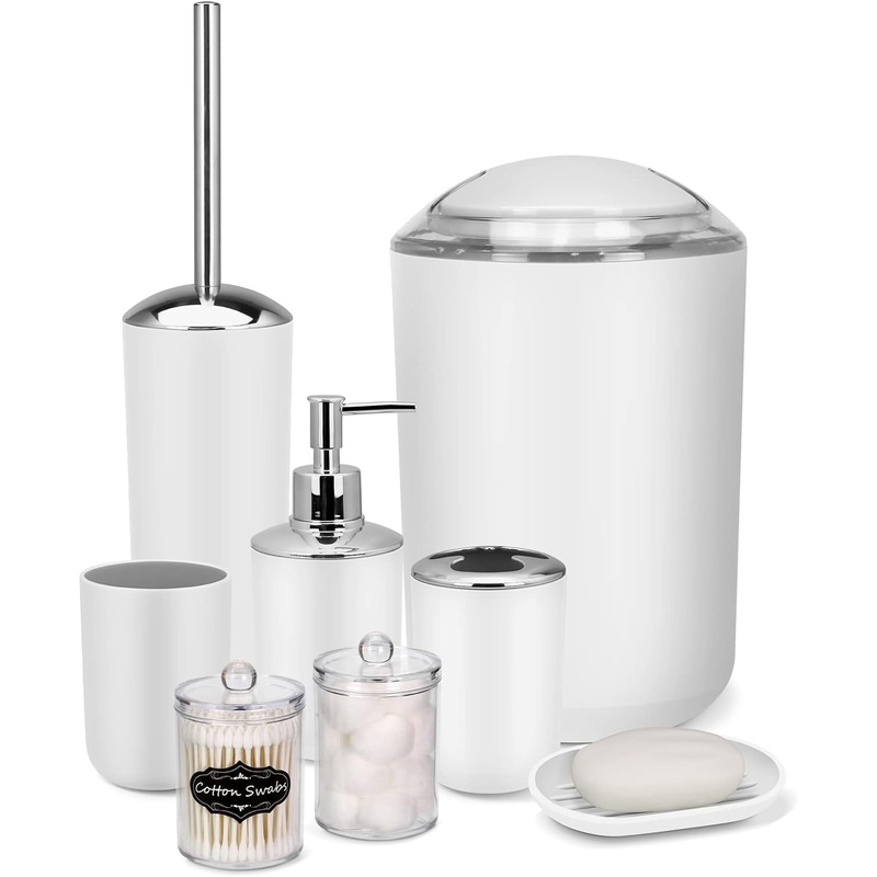 IMAVO Bathroom Accessory Set – 8 Pcs White Bathroom Accessories Set with Trash Can, Soap Dispenser, Soap Dish, Toothbrush Holder, Toothbrush Cup, Toilet Brush Holder, Qtip Holder Dispenser with Labels | Bigbigmart.com