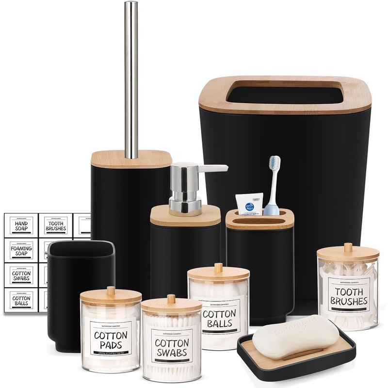 IMAVO Black Bathroom Set,10 Pcs Plastic Gift Set,4 Qtip Holder Dispenser,Toothbrush Cup,Soap Dispenser,Soap Dish,Toilet Brush Holder,Trash Can,Toothbrush Holder with Labels | Bigbigmart.com