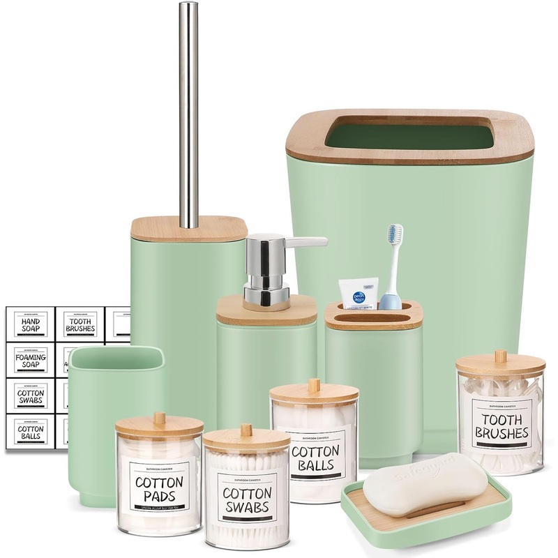 IMAVO Green Bathroom Set,10 Pcs Plastic Gift Set,4 Qtip Holder Dispenser,Toothbrush Cup,Soap Dispenser,Soap Dish,Toilet Brush Holder,Trash Can,Toothbrush Holder with Labels | Bigbigmart.com