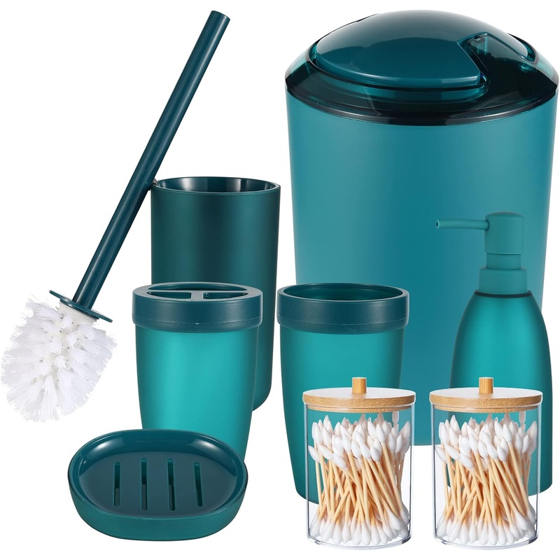 iMucci 8Pcs Blue Bathroom Accessories Set – with Trash Can Toothbrush Holder Soap Dispenser Soap and Lotion Set Tumbler Cup | Bigbigmart.com