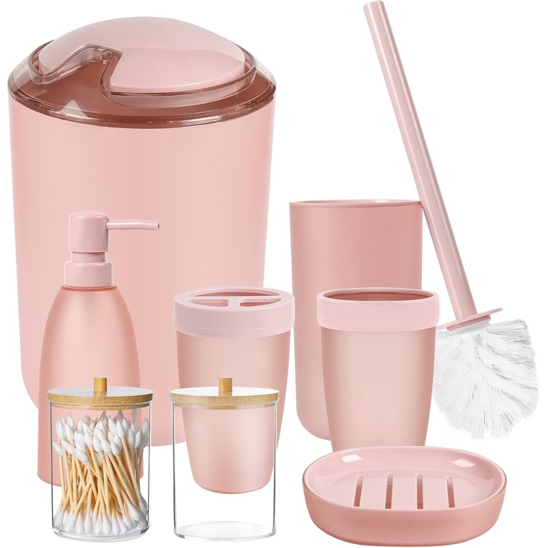 iMucci 8PCS Pink Bathroom Accessories Set – with Trash Can,Toilet Brush,Toothbrush Holder, Lotion Soap Dispenser, Soap Dish,Toothbrush Cup,Qtip Holder | Bigbigmart.com
