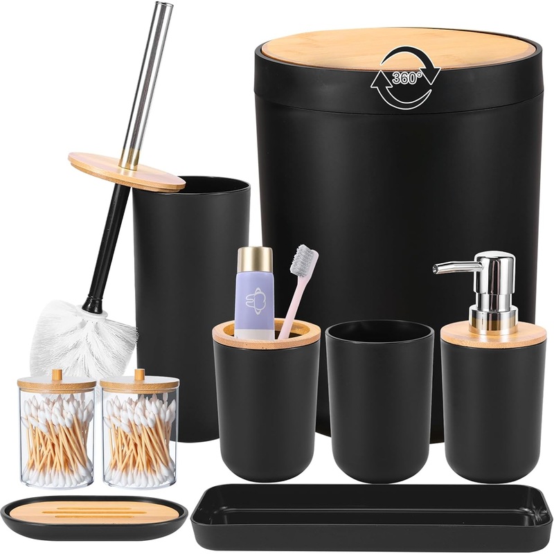 iMucci Bathroom Accessories Set with Trash Can,Toothbrush Holder, Lotion Soap Dispenser, Soap Dish,Tumbler Cup(9Pcs Black Bamboo Cover) | Bigbigmart.com