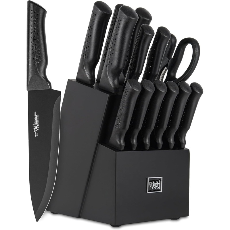 knife set, 15 Pcs Black knife sets for kitchen with block Self Sharpening, Dishwasher Safe, 6 Steak Knives, Anti-slip handle | Bigbigmart.com