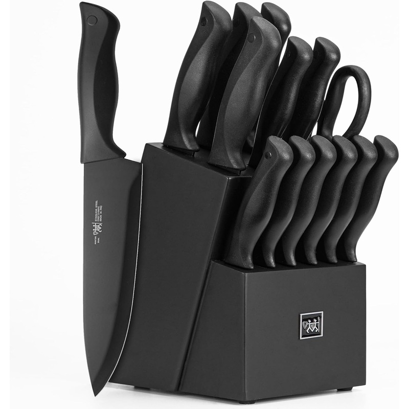 Knife Sets for Kitchen with Block, HUNTER.DUAL 15 Pcs Kitchen Knife Set with Block Self Sharpening, Dishwasher Safe, Anti-slip Handle, Black | Bigbigmart.com