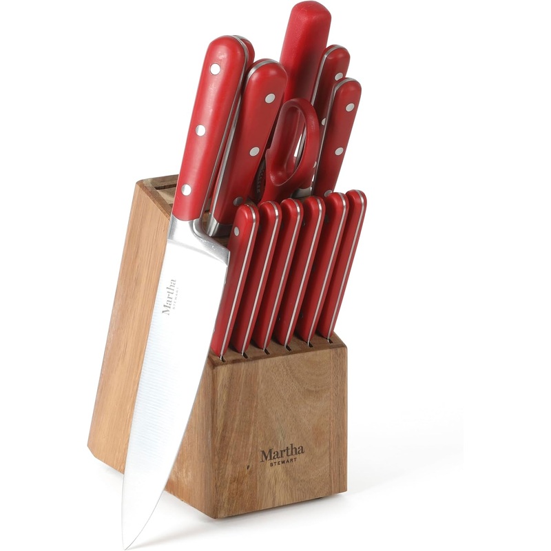 MARTHA STEWART Eastwalk 14 Piece High Carbon Staineless Steel Cutlery Knife Block Set w/ABS Triple Riveted Forged Handle Acacia Wood Block – Red | Bigbigmart.com