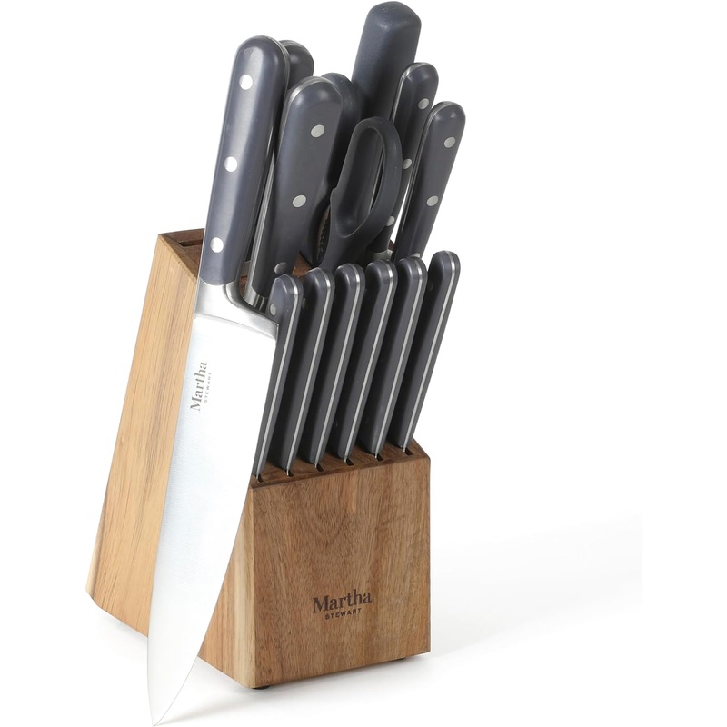 MARTHA STEWART Eastwalk 14 Piece High Carbon Stainless Steel Cutlery Knife Block Set w/ABS Triple Riveted Forged Handle Acacia Wood Block – Gray | Bigbigmart.com