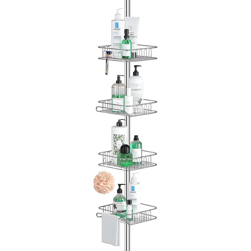 SEIRIONE Rustproof Shower Caddy Corner and Shower Organizer Corner for Bathroom,Corner Shower Caddy Tension Pole with 4 Adjustable Baskets for Shower Accessories, 61.3 to 113 Inch Height, Stainless | Bigbigmart.com