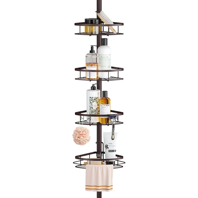 SEIRIONE Rustproof Shower Corner Caddy Organizer for Bathroom,Tension Pole with 4 Baskets, for Bathtub Storage Rack,39.2 to 113 Inch Height, Bronze | Bigbigmart.com