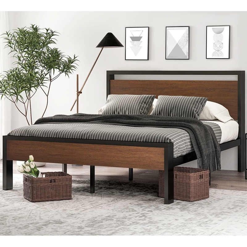 SHA CERLIN 14 Inch Full Size Metal Platform Bed Frame with Wooden Headboard and Footboard, Mattress Foundation, No Box Spring Needed, Large Under Bed Storage, Non-Slip without Noise, Black Oak | Bigbigmart.com