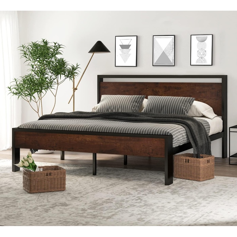 SHA CERLIN 14 Inch King Size Metal Platform Bed Frame with Wooden Headboard and Footboard, Mattress Foundation, No Box Spring Needed, Large Under Bed Storage, Mahogany | Bigbigmart.com