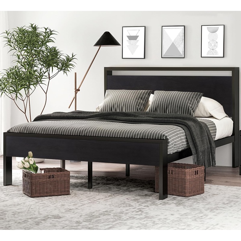 SHA CERLIN 14 Inch Queen Size Metal Platform Bed Frame with Wooden Headboard and Footboard, Mattress Foundation, No Box Spring Needed, Large Under Bed Storage, Non-Slip without Noise, Walnut | Bigbigmart.com
