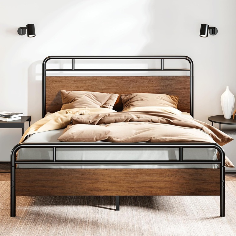 SHA CERLIN King Size Bed Frame with Wooden Headboard and Footboard, Rounded Corner Metal Frame, Heavy Duty Platform Bed with Under Bed Storage, No Box Spring Needed, Walnut | Bigbigmart.com