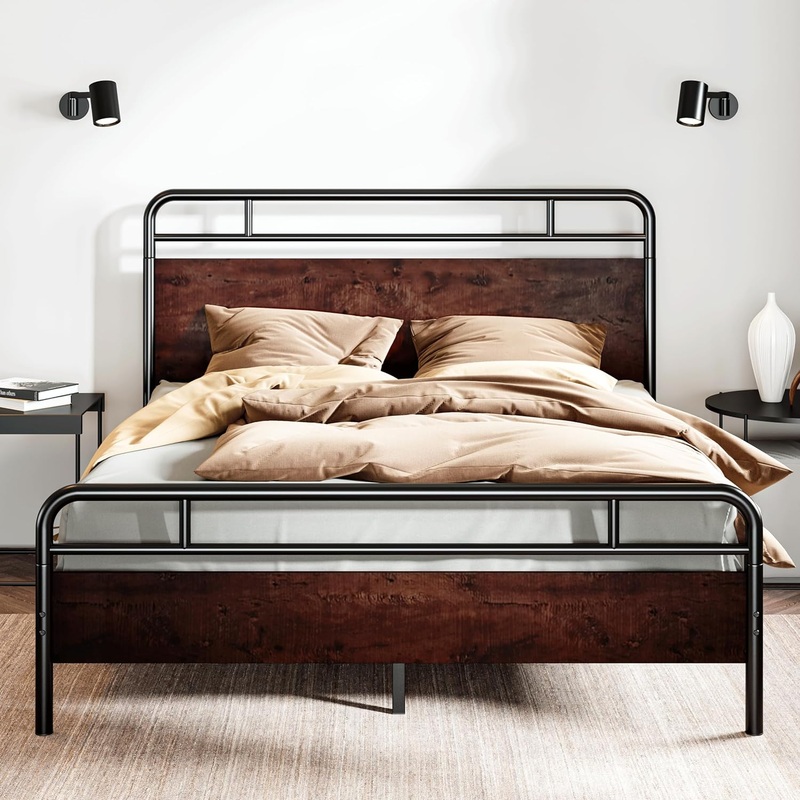 SHA CERLIN Queen Size Bed Frame with Wooden Headboard and Footboard, Rounded Corner Metal Frame, Heavy Duty Platform Bed with Under Bed Storage, No Box Spring Needed, Mahogany | Bigbigmart.com