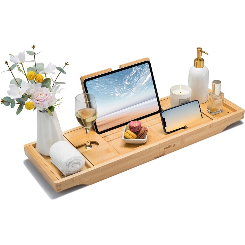 SMIRLY Expandable Bamboo Bathtub Tray, Bath Tray for Tub, Bathtub Accessories, Bath Tub Tray Wood, Bath Accessories, Bath Caddy, Bathtub Caddy Tray for Tub, Bath Table Tray | Bigbigmart.com