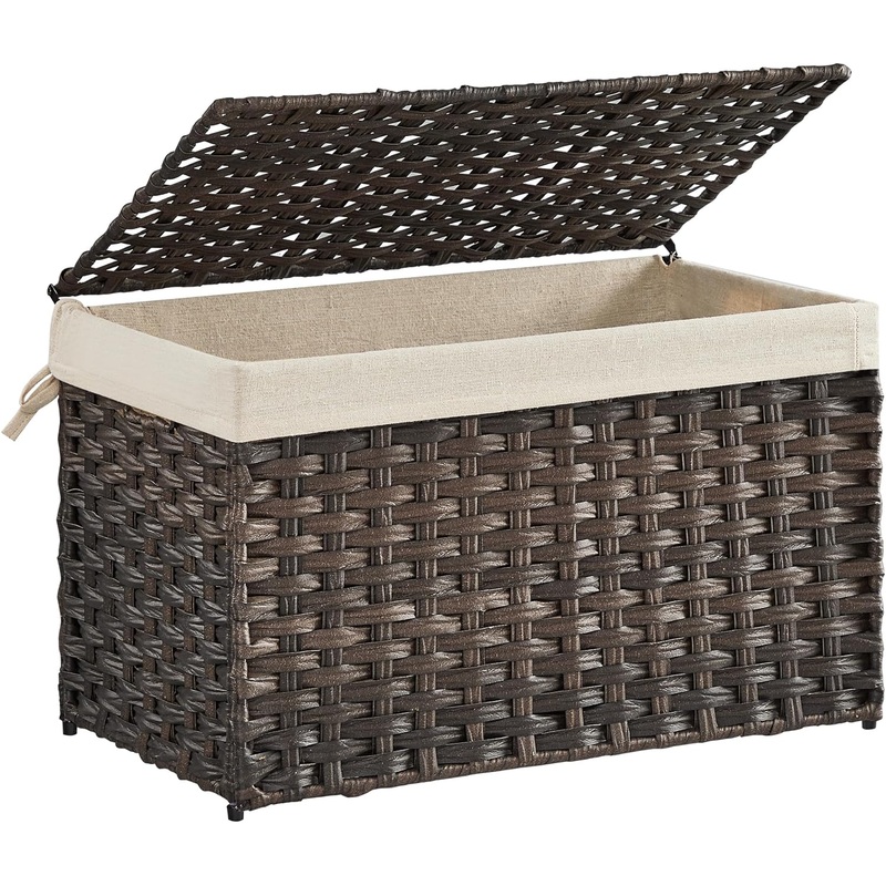 SONGMICS Storage Basket with Lid, 17.2 Gallon (65L) Storage Bin, Woven Blanket Storage Basket with Handles, Foldable, Removable Liner, Metal Frame, for Bedroom, Laundry Room, Brown URST56BR | Bigbigmart.com