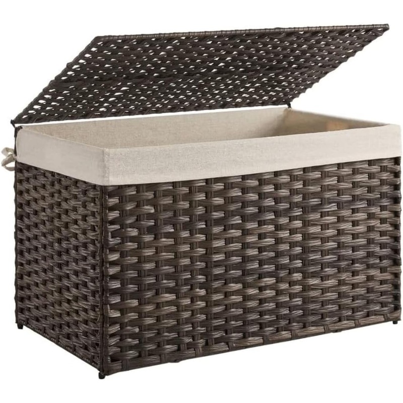 SONGMICS Storage Basket with Lid, 42.3 Gallon (160L) Storage Bin, Woven Blanket Storage Basket with Handles, Foldable, Removable Liner, Metal Frame, for Bedroom, Laundry Room, Brown URST76BR | Bigbigmart.com