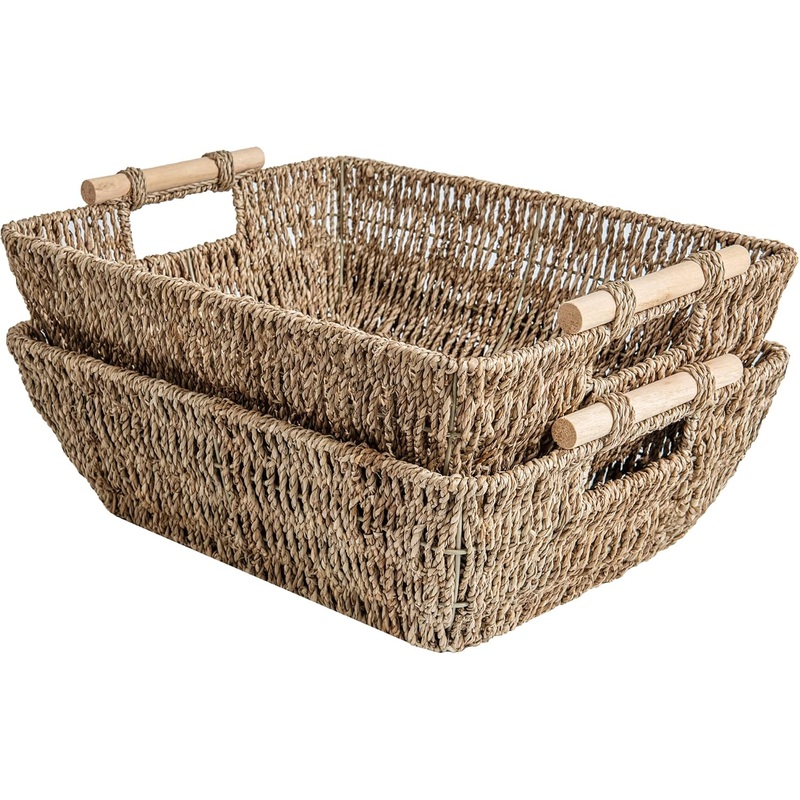 StorageWorks Hand-Woven Jumbo Storage Baskets with Wooden Handles, Seagrass Wicker Baskets for Organizing, 2-Pack | Bigbigmart.com