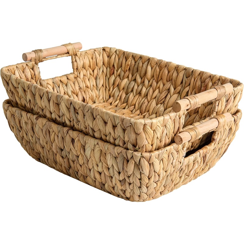 StorageWorks Hand-Woven Jumbo Storage Baskets with Wooden Handles, Water Hyacinth Wicker Baskets for Organizing, 2 Pack | Bigbigmart.com