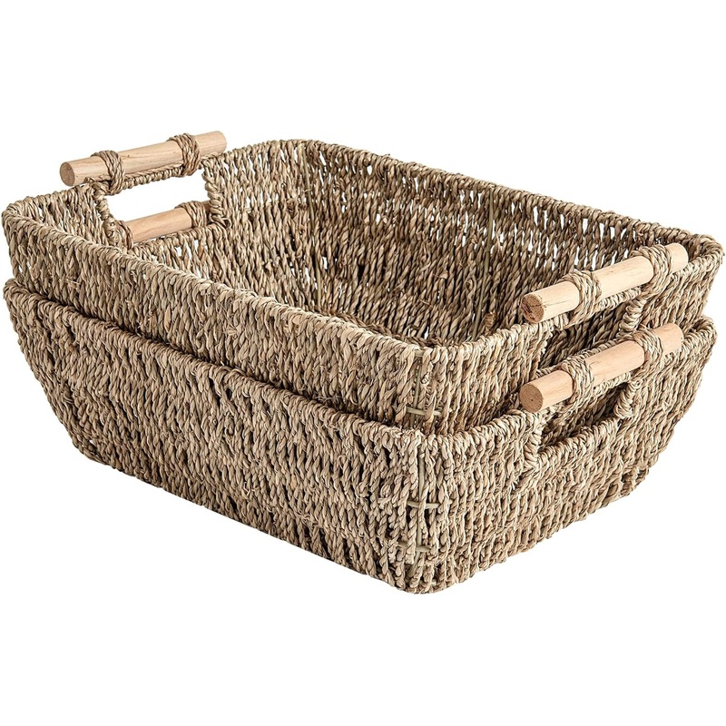 StorageWorks Hand-Woven Large Storage Baskets with Wooden Handles, Seagrass Wicker Baskets for Organizing, 2-Pack | Bigbigmart.com