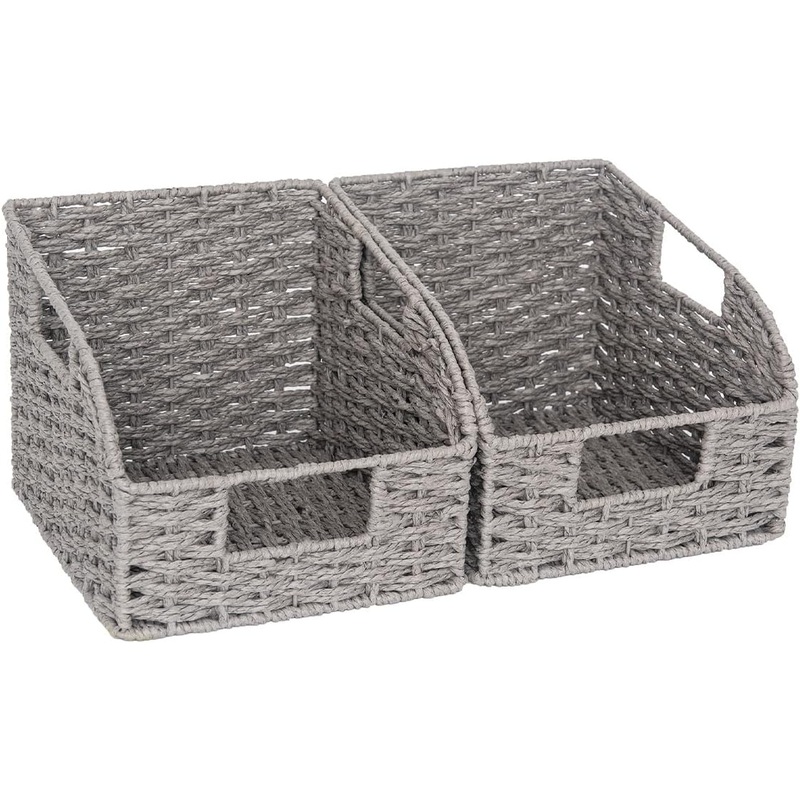 StorageWorks Pantry Storage Baskets for Organizing, Kitchen Counter Basket with Built-in Handles, Handwoven Kitchen Storage Baskets, Round Paper Rope Wicker Baskets for Pantry Storage, Gray, 2 Pack | Bigbigmart.com
