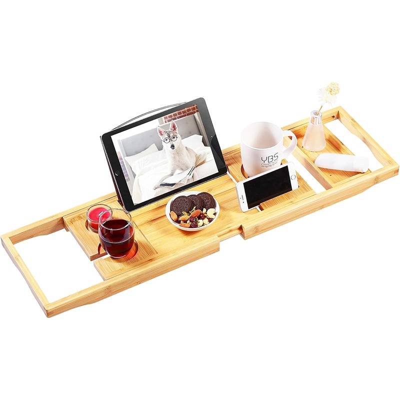 VaeFae Bamboo Bathtub Caddy Tray, Expandable Bath Tray for Tub with Upgraded Wine Slots and Book Holder – Ideal for One or Two Person Use | Bigbigmart.com
