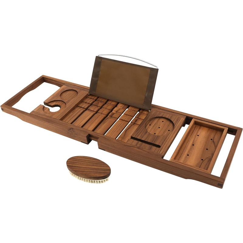 VaeFae Teak Bathtub Tray, Expandable Wooden Bath Tray for Tub with Wine and Book Holder, Solid Bathroom Caddy with Free Teak Body Brush | Bigbigmart.com