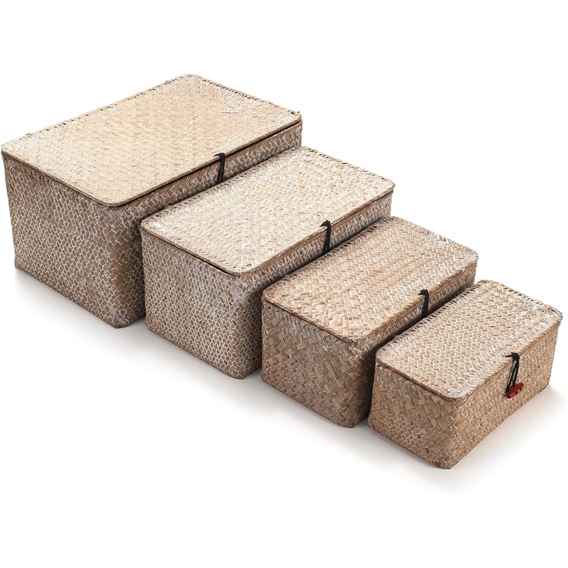 YANGQIHOME 4 Pack, Wicker Baskets with Lids, Nautral Seagrass Storage Baskets, Wicker Storage Baskets for Organizing, Rustic Rectangular Storage Basket, Rattan Storage Organizer for Shelf Whitewash | Bigbigmart.com