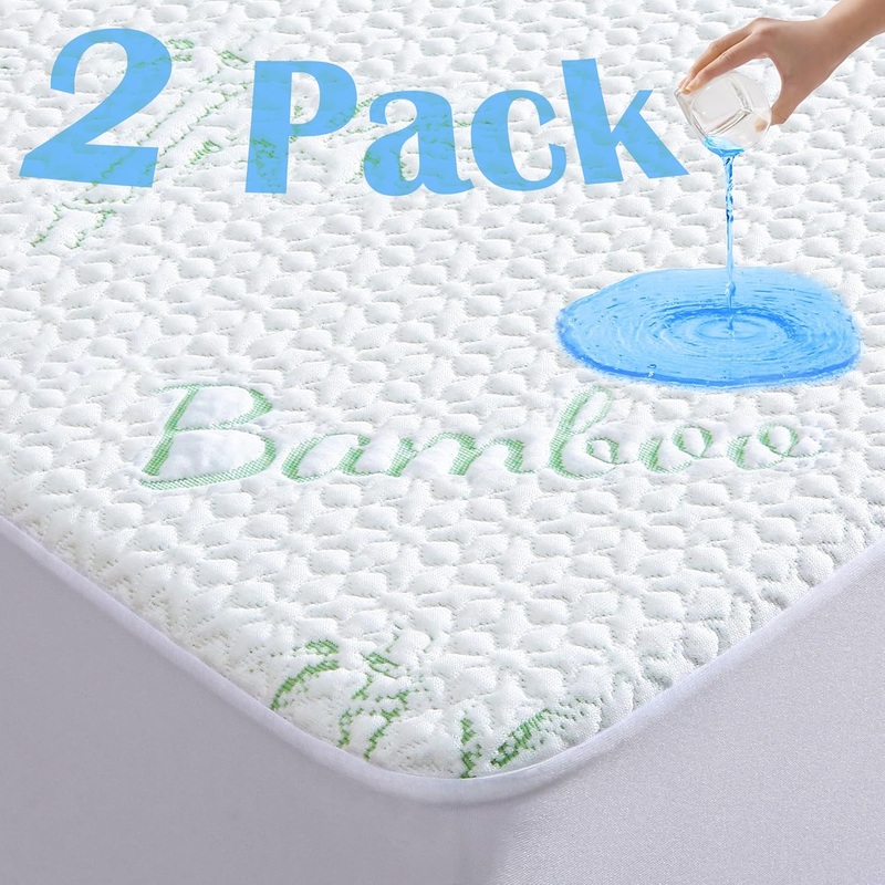 2 Pack Twin Size Mattress Protector, Breathable Bamboo Viscose Waterproof Twin Mattress Pad Cover with 6-16 inches Deep Pocket | Bigbigmart.com