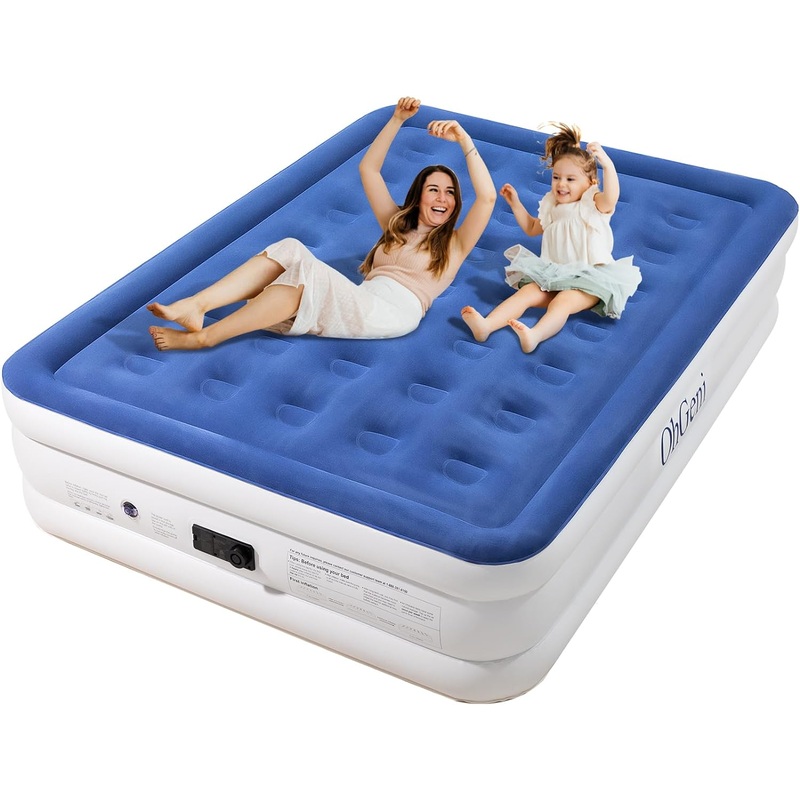 Air Mattress Queen with Built in Pump,18 Inch Elevated Quick Inflation/Deflation Inflatable Bed, High Durability Blow Up Mattresses for Camping, Indoor, Guests Air Bed, Blue | Bigbigmart.com