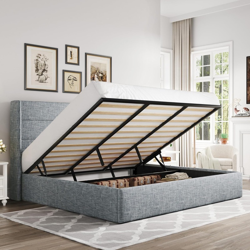 Allewie King Size Lift Up Storage Bed, Modern Wingback Headboard, No Box Spring Needed, Hydraulic Storage, Grey Blue | Bigbigmart.com