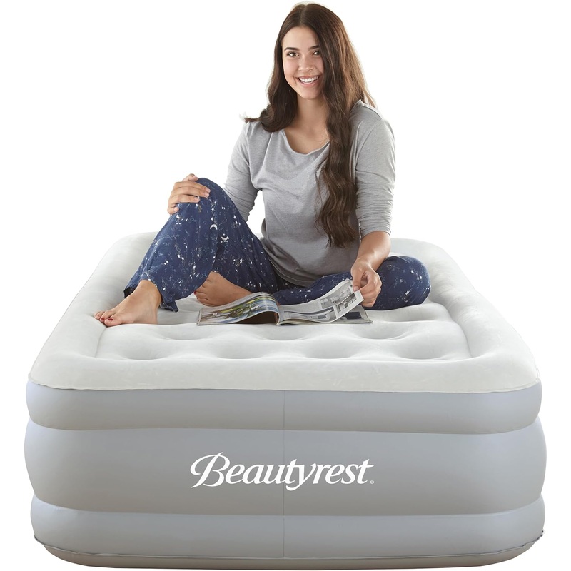 Beautyrest Skyrise Raised Air Bed with Edge Support, Inflatable Sleeping Mattress with External Pump and Puncture Resistant Vinyl for Guests, Camping and More: 18 Queen, Portable with Storage Bag | Bigbigmart.com
