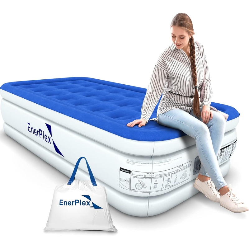 EnerPlex Air Mattress with Built-in Pump – Double Height Inflatable Mattress for Camping, Home & Portable Travel – Durable Blow Up Bed with Dual Pump – Easy to Inflate/Quick Set UP, 18 Inch | Bigbigmart.com