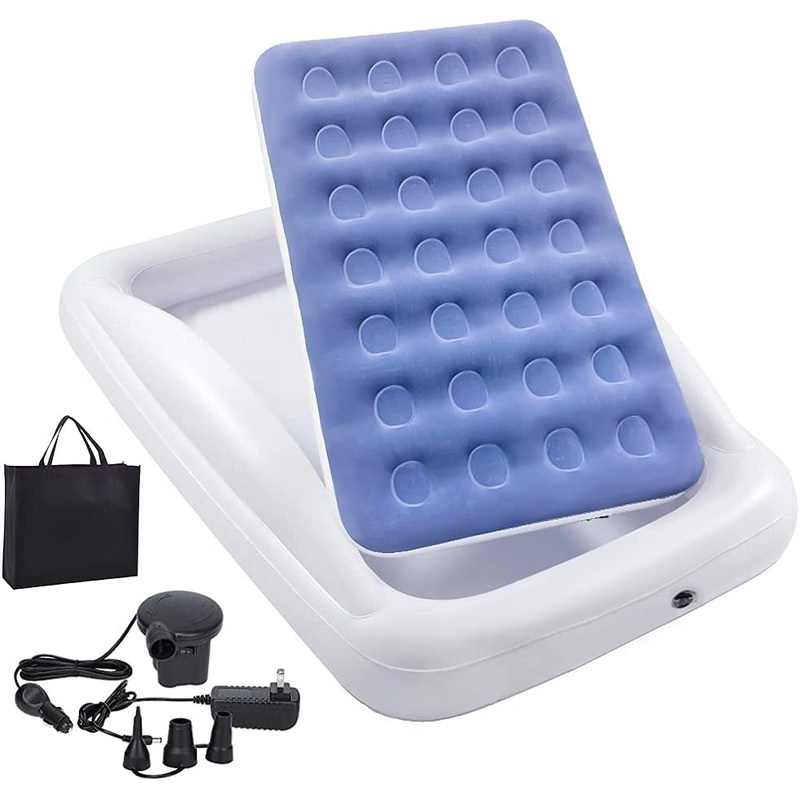 Inflatable Kids Travel Bed Toddler Air Mattress Set – Portable Blow Up Mattress Sleeping Bed Cot with Security Bed Rails and Electric Pump Ideal for Road Trip Camping Sleepovers etc. (Upgraded), Grey | Bigbigmart.com