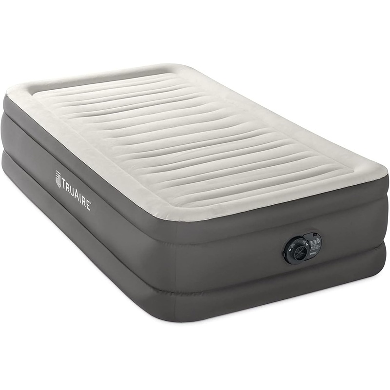Intex 18 Inch Twin Size TruAire Luxury Air Mattress with Fiber Tech and Built in Electric Pump for Home and Room Essentials, Grey | Bigbigmart.com