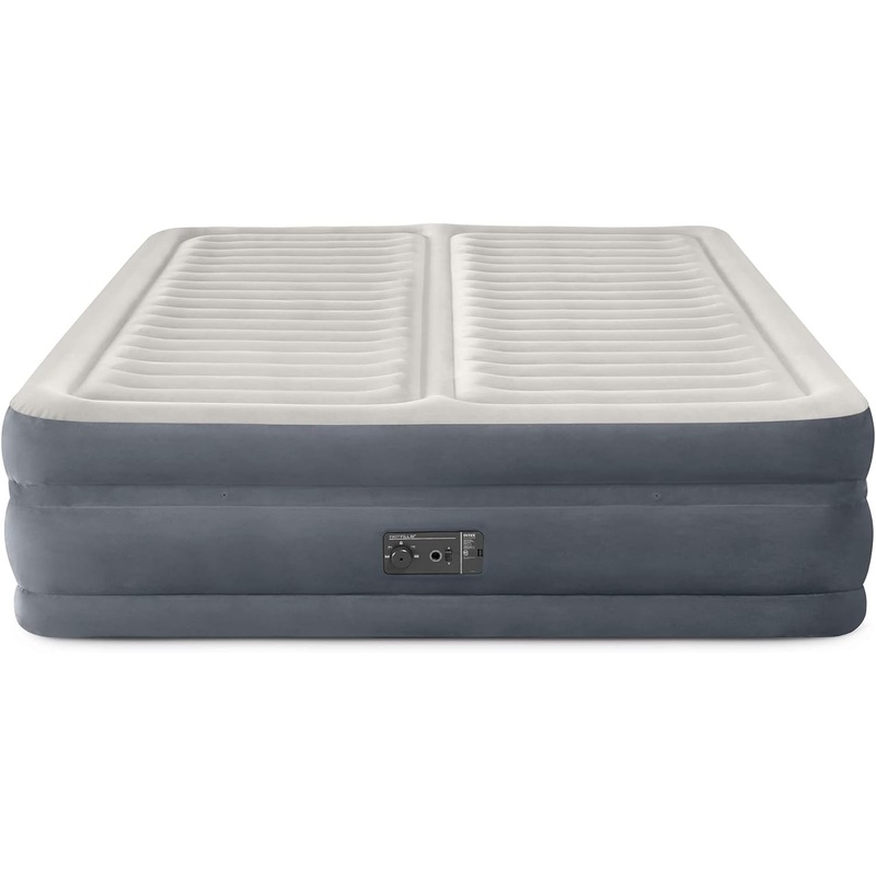 Intex Deluxe Dual Zone 22 Inch King Sized Air Mattress Fiber Tech Construction for Added Comfort and Support with Built in Air Pump, Gray | Bigbigmart.com