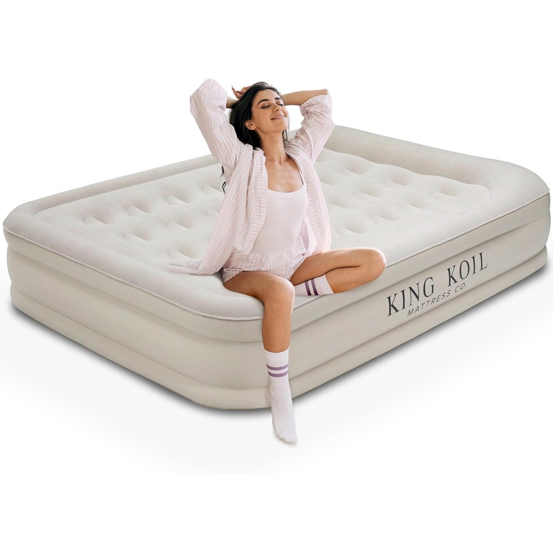 King Koil Luxury Air Mattress 16in Full Size Beige with Built-in Pump for Home, Camping & Guests-Inflatable Airbed Luxury Double High Adjustable Blow Up Mattress, Durable – Portable and Waterproof | Bigbigmart.com