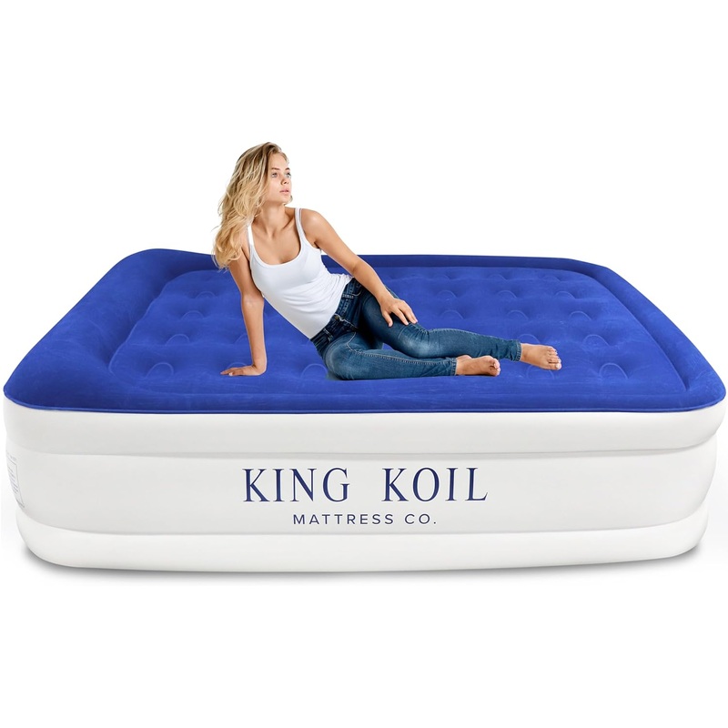 King Koil Luxury Air Mattress 16in Full Size Blue with Built-in Pump for Home, Camping & Guests-Inflatable Airbed Luxury Double High Adjustable Blow Up Mattress, Durable – Portable and Waterproof. | Bigbigmart.com