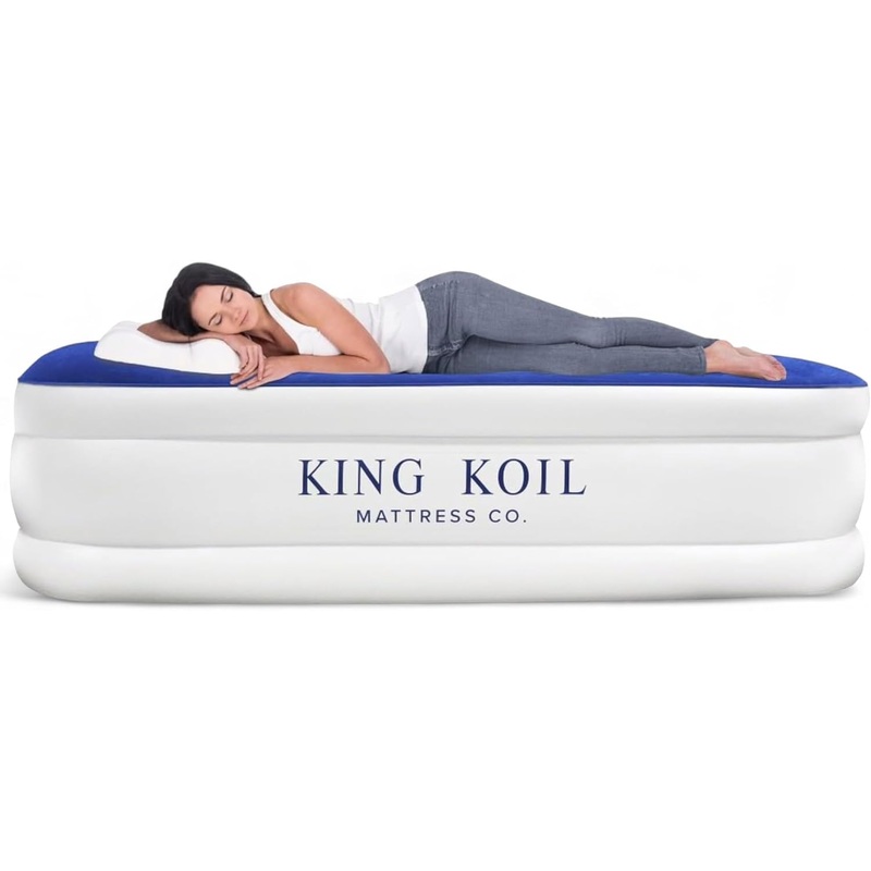 King Koil Plush Pillow Top King Air Mattress with Built-in High-Speed Pump Best for Home, Camping, Guests, 20 King Size Luxury Double Airbed Blow Up Bed, 1-Year Manufacturer Warranty | Bigbigmart.com