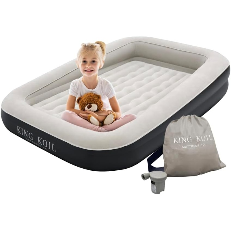 King Koil Premium Inflatable Toddler Travel Bed with Built-in Safety Bumper, Portable Air Mattress Airbed for Kids Travel, Includes High-Speed Pump