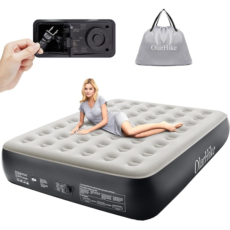 OlarHike Queen Air Mattress with Built in Pump,Inflatable Blow Up Airbed with Storage Bag,13 High Speed Inflation Black, Camping Accessories, Travel and Guests & Indoor | Bigbigmart.com