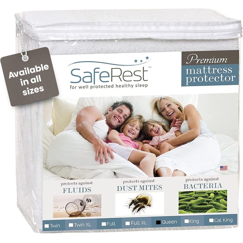 SafeRest 100% Waterproof Queen Size Mattress Protector – Fitted with Stretchable Pockets – Machine Washable Cotton Mattress Cover for Bed | Bigbigmart.com