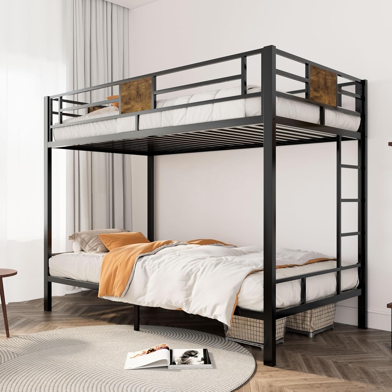 SHA CERLIN Bunk Bed Twin Over Twin Size with Ladder and Full-Length Guardrail, Metal, Storage Space, No Box Spring Needed, Noise Free, Black | Bigbigmart.com