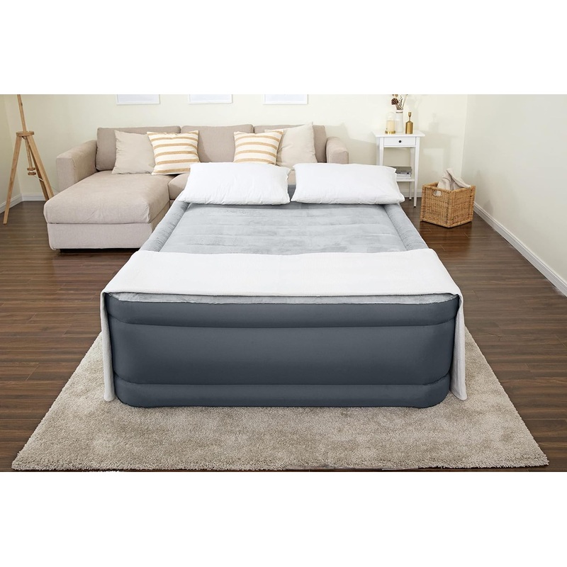 SleepLux Queen Air Mattress | Supersoft Snugable Top, Extra Durable Tough Guard with Built-in Pillow | Raised 22 Airbed with Built in Pump + USB Charger, Grey (69093E) | Bigbigmart.com